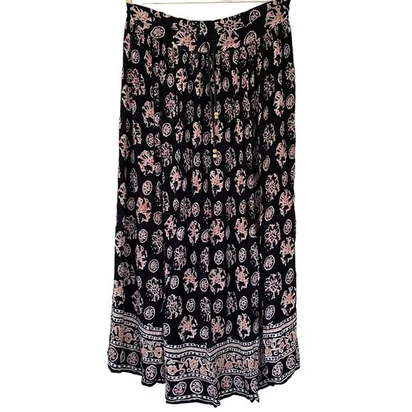 Vintage Liz Baker Essential Black Patterned Gypsy Pleated Maxi Skirt Size M - Picture 1 of 8